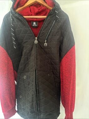Red App Quilted Black Puffer Jacket with Red Sleeves and Hood. Discontinued.